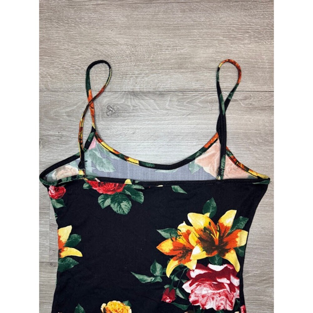 Floral Midi Bodycon Dress Black Sleeveless Spaghetti Strap Back Slit Stretch S - Picture 5 of 5